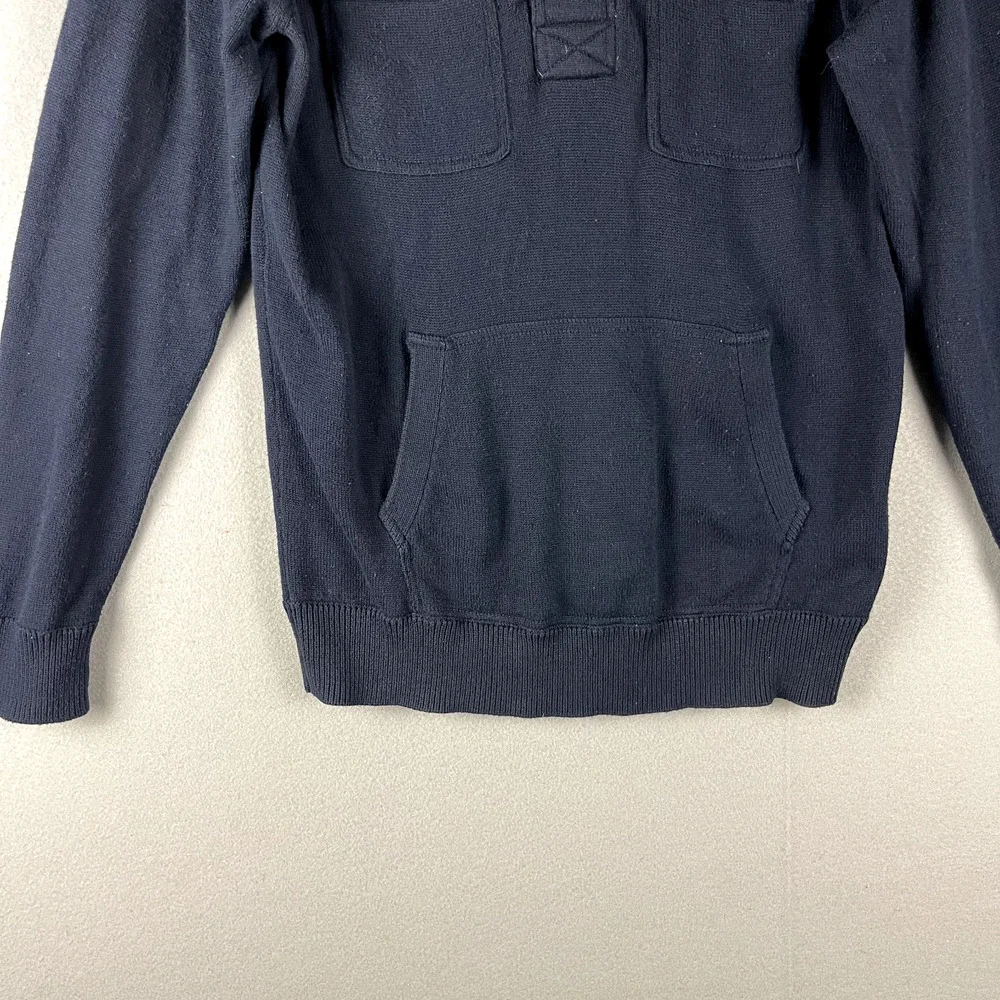 J Crew Hooded Sweater Mens Medium Blue Clasp‎ Buckle Pockets Cotton Pullover